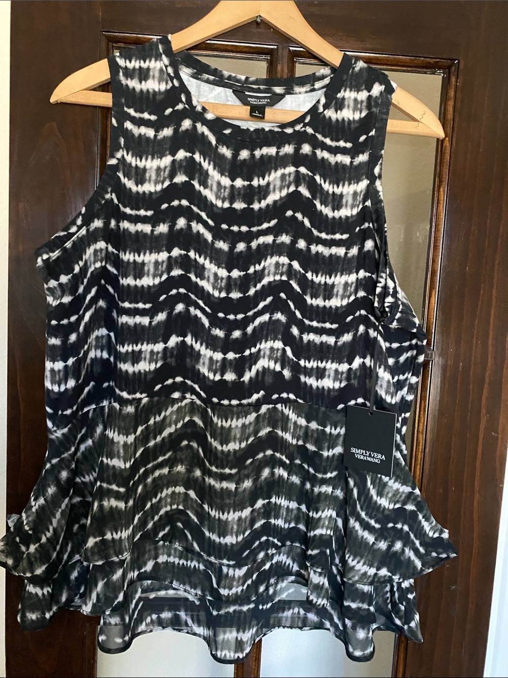 Black & White Tie-Dye Ruffle Hem Sleeveless Top